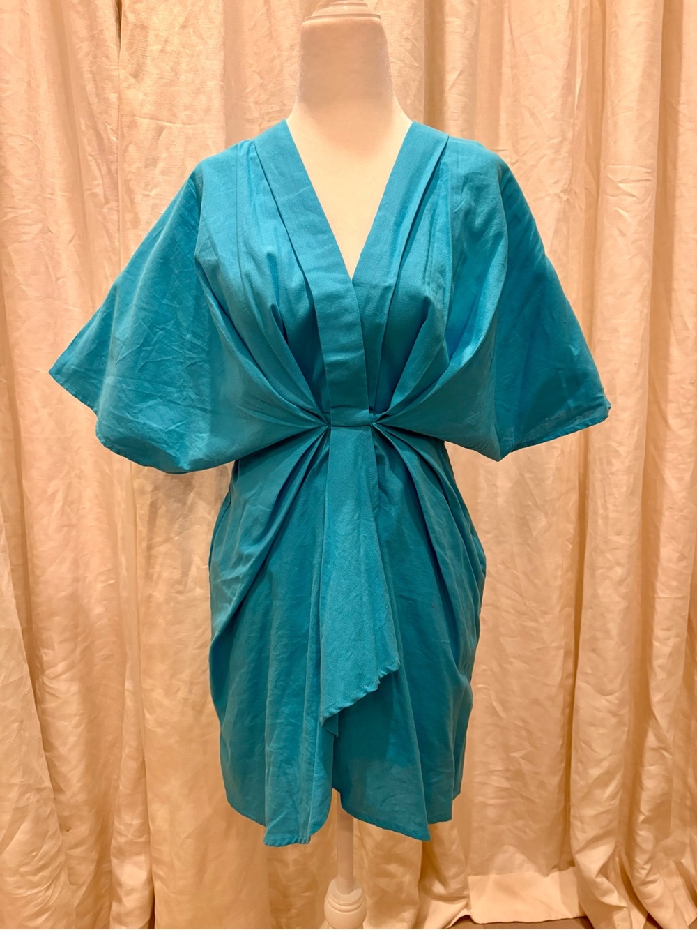 NWT Teal V-Neck Turquoise Draped Kimono Sleeve Cocktail Dress L Resort Vacation